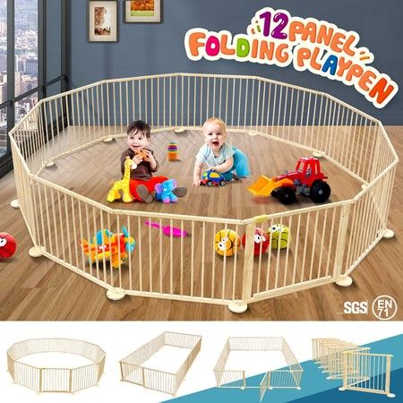 12 Panel Large Baby Child Safety Natural Wood Playpen Indoor Outdoor Play Centre 