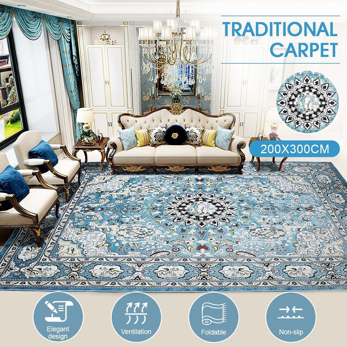 2x3m Soft Floor Area Rug Navy Blue Traditional Carpet Anti-slip Mat ...