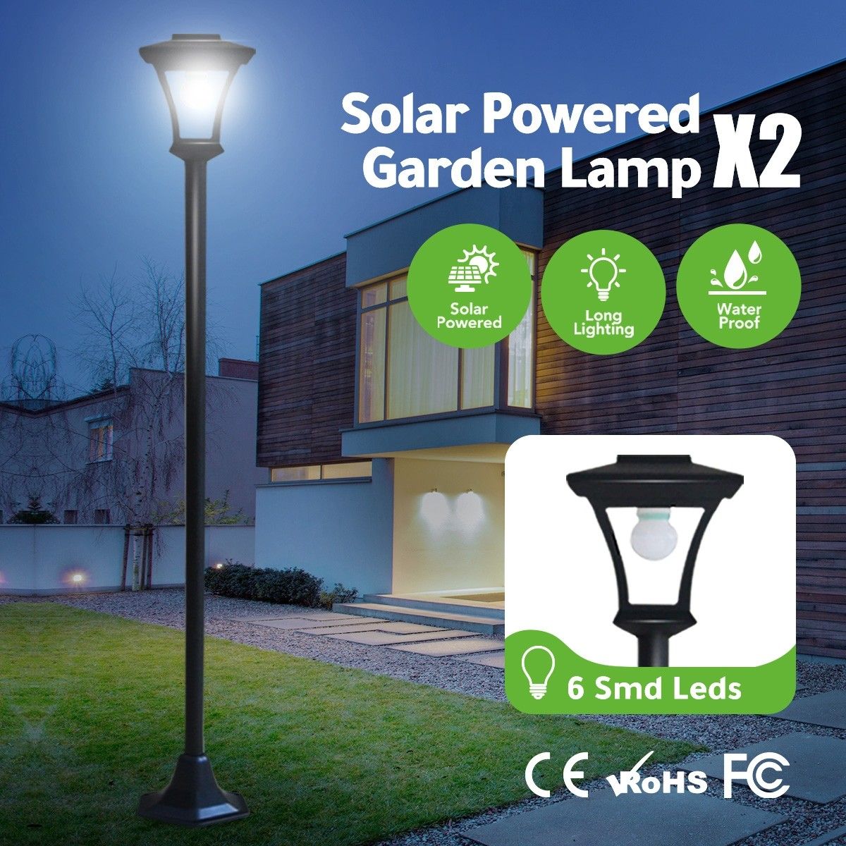 Deluxe Outdoor Solar Lights Garden Lamp Post X2