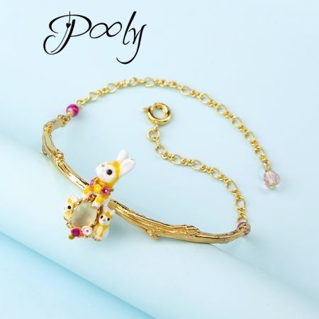 Poly 14K Gold Enamel Wonderland Rabbit Jewelry Open Cuff Clasp Hinged Bangle bracelet