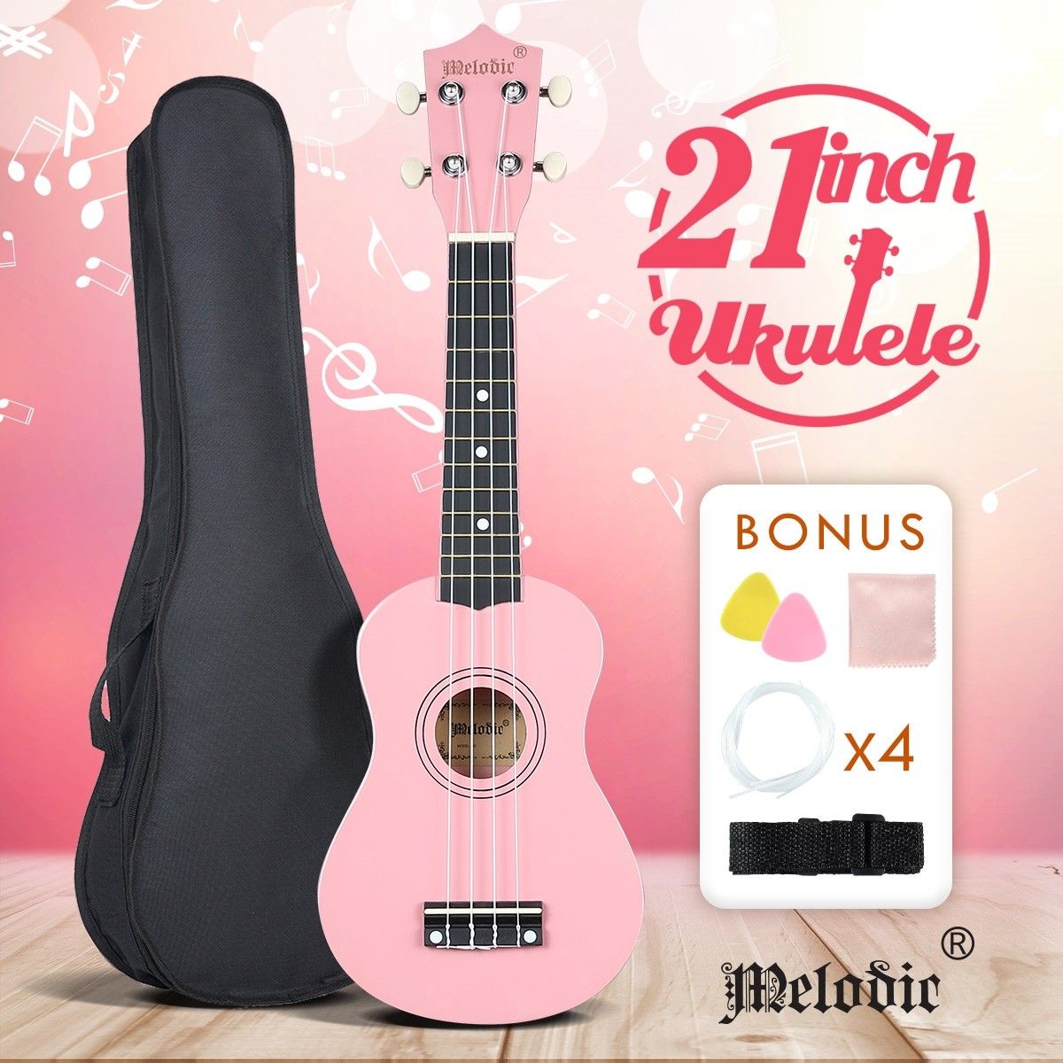 Soprano Ukulele 21 Inch Bundle 4 Strings Musical Instrument w/ Gig Bag Pink Melodic