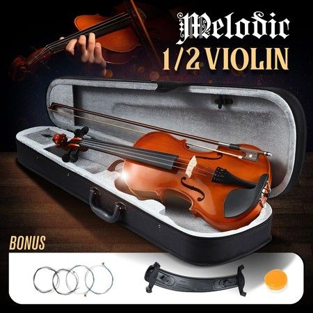 2/4 Acoustic Violin Kit 4 Strings Natural Varnish Finish w Case Bow Rosin Melodic