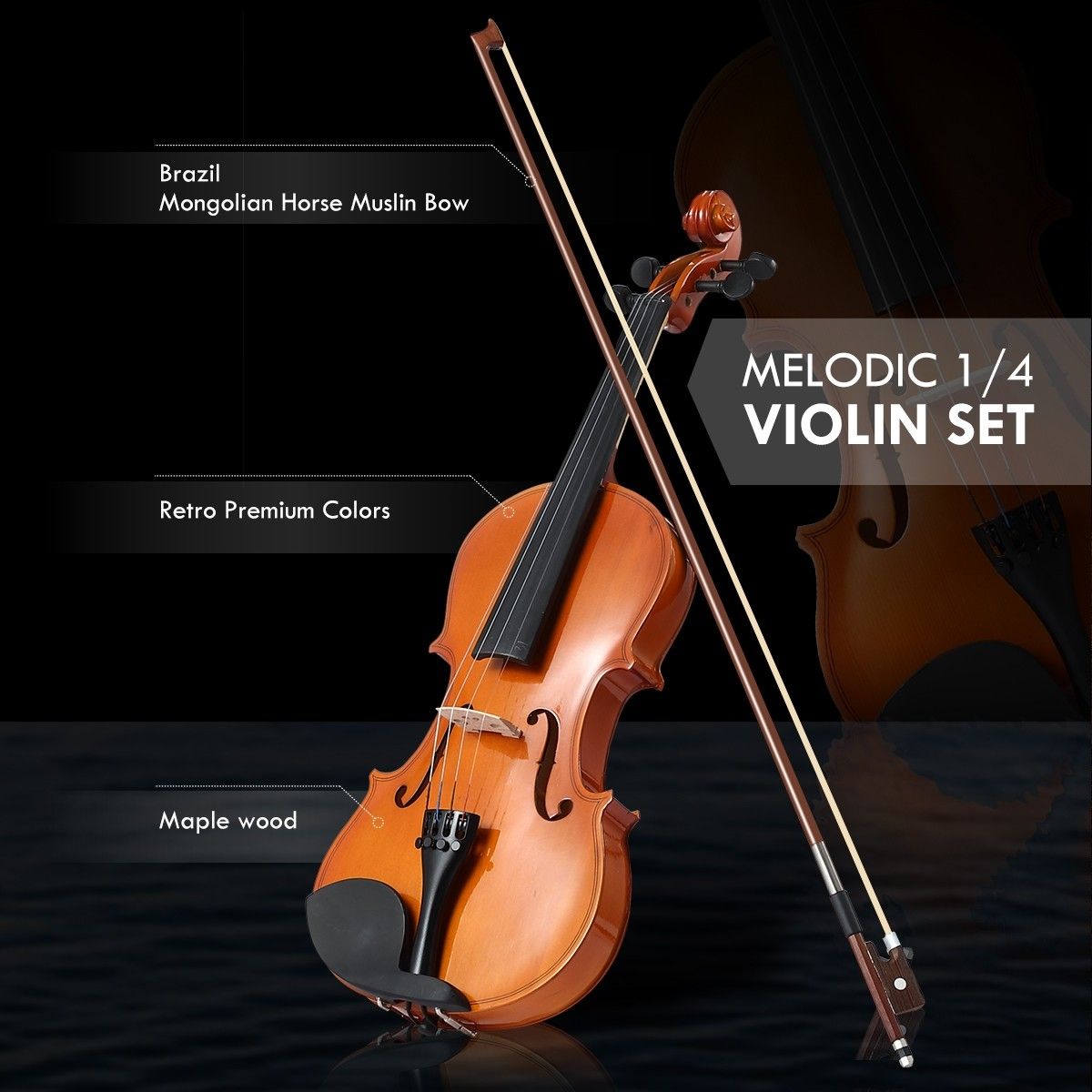 Melodic 1/4 FullSize Acoustic Violin Kit 4String Natural Varnish