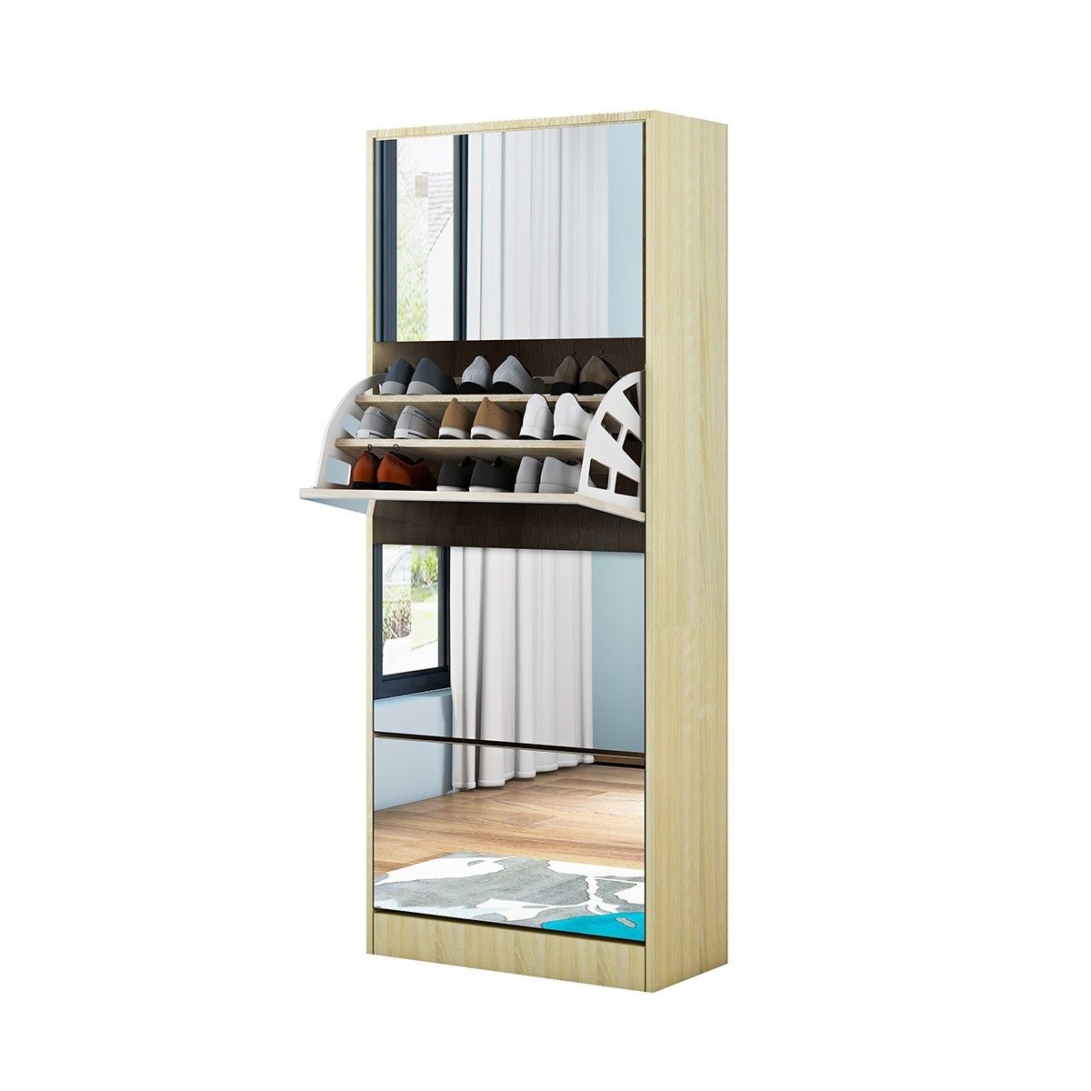 New 60 Pairs Wood Shoe Storage 4Rack Mirrored Footwear