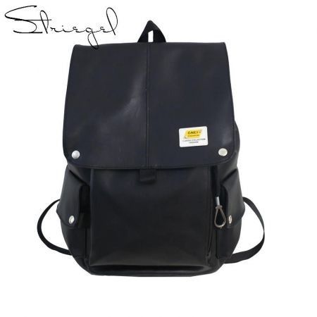 PU Black Leather Backpack School College Travel bag