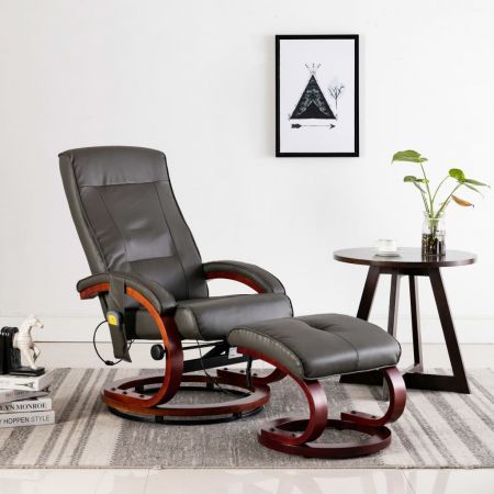 Massage Recliner with Footstool Grey Faux Leather