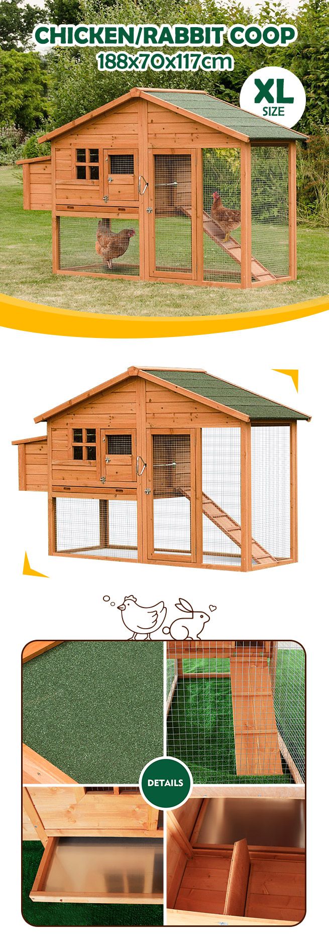 Petscene Wooden Rabbit Hutch Cage XL Guinea Pig Chicken Coop Run House