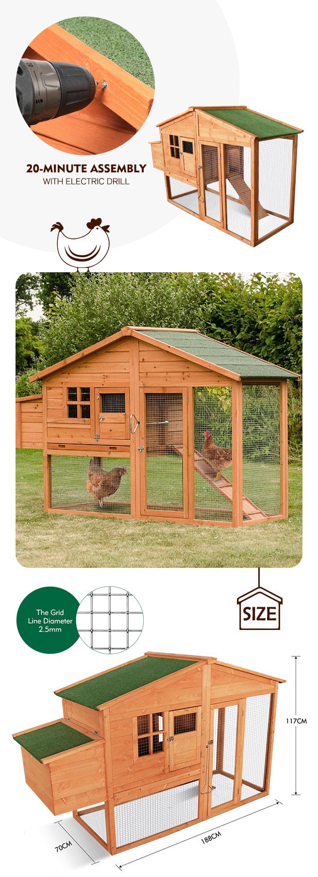 Petscene Wooden Rabbit Hutch Cage XL Guinea Pig Chicken Coop Run House