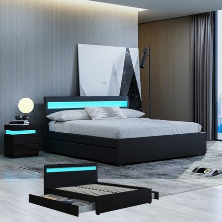 New Queen Size Pu Leather Bed Frame With 4 Drawers Led Lights