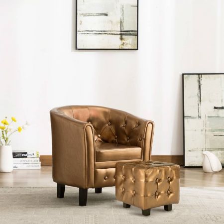 Tub Chair with Footstool Brown Faux Leather