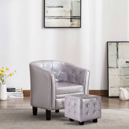 Tub Chair with Footstool Silver Faux Leather