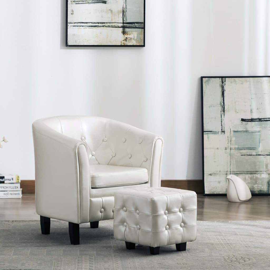 Tub Chair with Footstool White Faux Leather