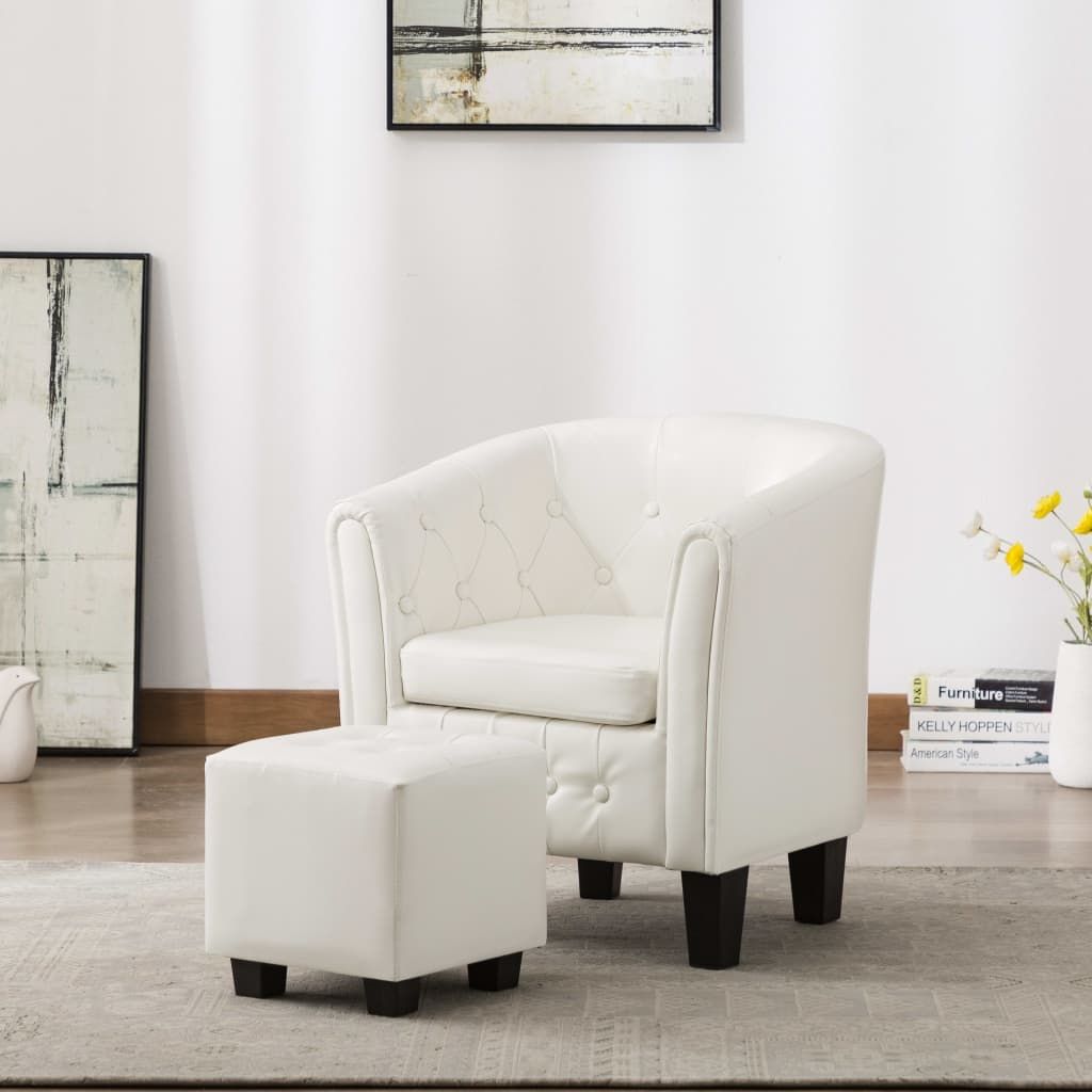 Tub Chair with Footstool White Faux Leather