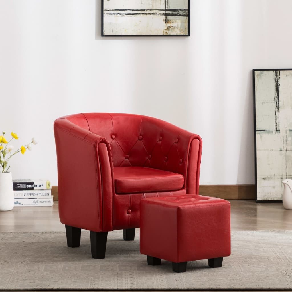 Tub Chair with Footstool Red Faux Leather