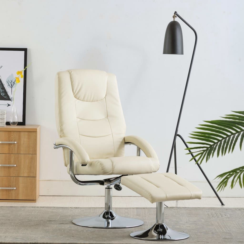 Reclining Chair with Footstool Cream White Faux Leather