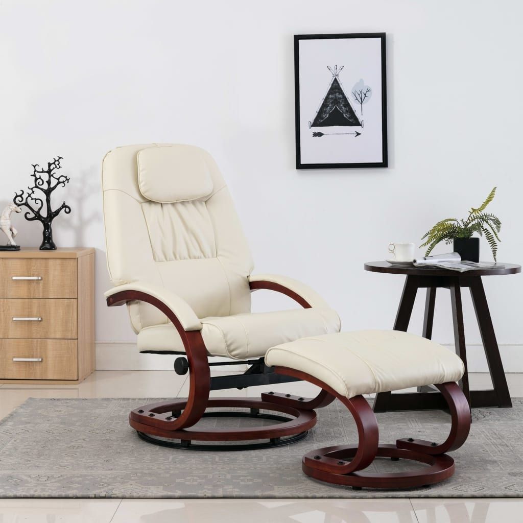 Reclining Chair with Footstool Cream White Faux Leather