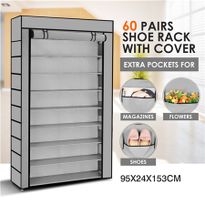 10 Tier Portable Shoe Rack with Woven Cloth Cover-60 Pairs-Silver/Grey 