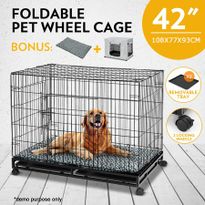 42" Metal Pet Cage Wheeled Cat Crate Collapsible Dog Kennel with 2 Trays Cushion & Cover