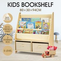 5-Level Kids Wood Bookshelf Bookcase Canvas Sling Toy Storage Organizer Display Shelf w/2 Bins