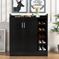 17 Pairs Shoe Cabinet Rack Wooden Storage Shelf Organiser 2 Doors Cupboard - Black