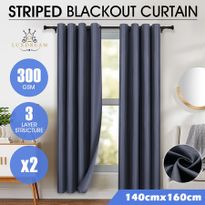 LUXDREAM 2X Blockout Striped Curtains 3 Layers Darkening Drapes 140X160CM - Grey
