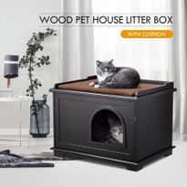 Wooden Pet House Cat Enclosure Decorative Litter Box Furniture W/ Cushion