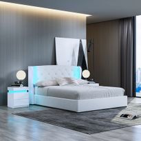 Queen PU Leather Gas Lift Storage Bed Frame Wood Bedroom Furniture with LED Lights White