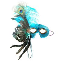 Venetian Masquerade Costume Fancy Dress Feather Mask in Turquoise Sequins
