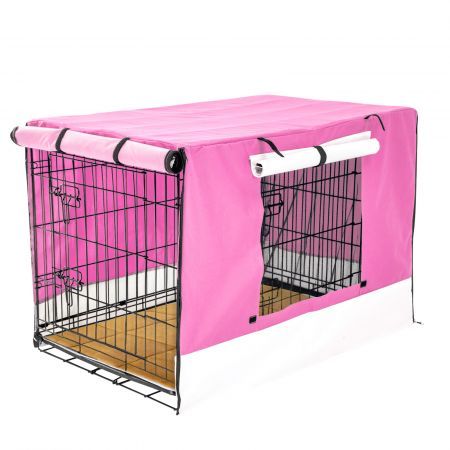 Wire Dog Cage Crate 48 inches with Tray + Cushion Mat + PINK Cover Combo