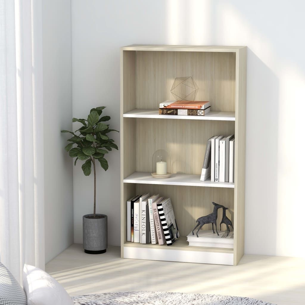 3-Tier Book Cabinet White and Sonoma Oak 60x24x108 cm Chipboard