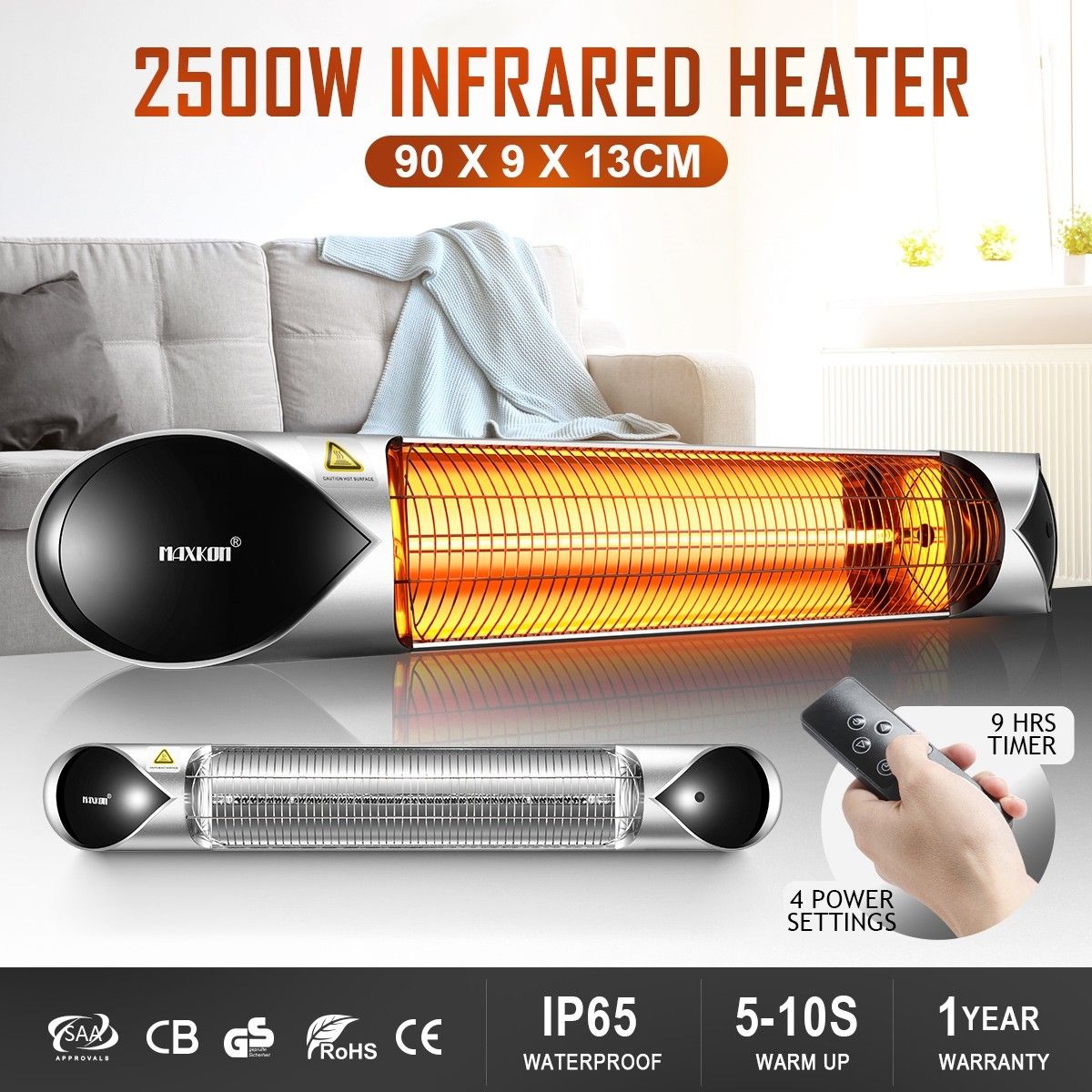 New Maxkon 2500W Carbon Fibre Infrared Heater Instant Heat Outdoor Patio Strip Heater Remote Control