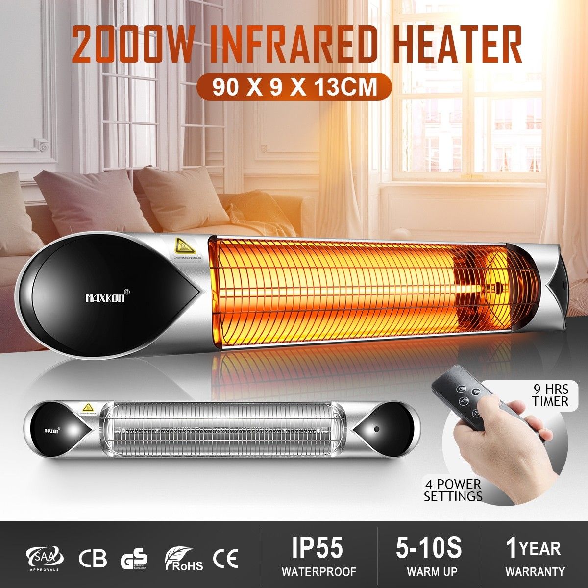 New Maxkon 2000W Carbon Fibre Infrared Heater Instant Heat Outdoor Patio Strip Heater Remote Control