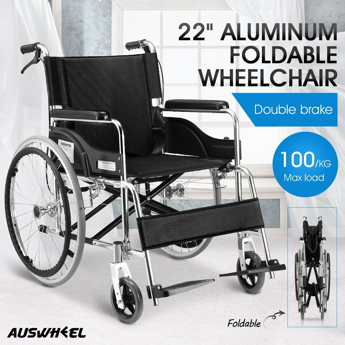 22inch Lightweight Manual Wheelchair Foldable Wheelchair Double Park