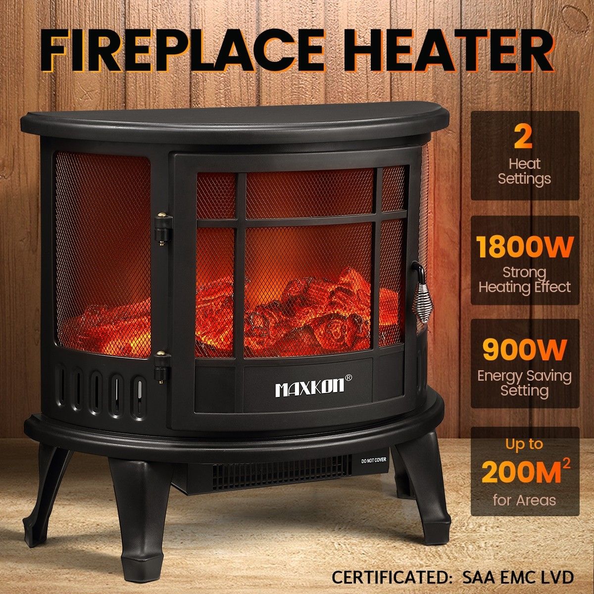 MAXKON Electric Fireplace Freestanding Stove Heater LED Flame Effect Log Fire 1800W