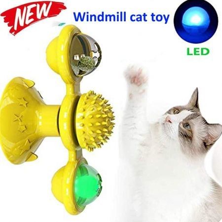 Windmill Cat Toy,Interactive Turntable Teasing Cat Toy with Led Ball Col.Yellow