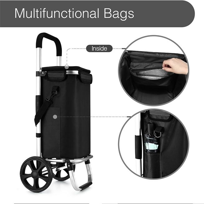 Waterproof Shopping cart Trolley Foldable Aluminium Grocery Bag Black