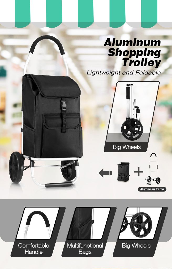 Foldable Aluminium Shopping Cart Trolley Bag Dolly w  Wheels Black