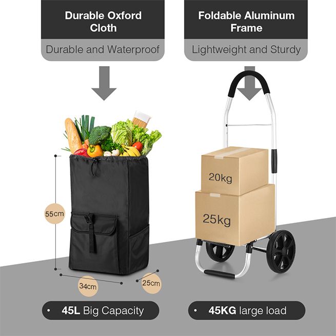 Foldable Aluminium Shopping Cart Trolley Bag Dolly w  Wheels Black