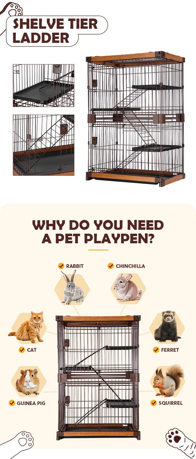 Red Floding Cats and Small Animals Kennel Rolling Wheels【US Fast Shipment】 Cat Crate Kennels Pet Playpen 3-Tier Cat Ferret Cage Portable Cat House with Hammocks 