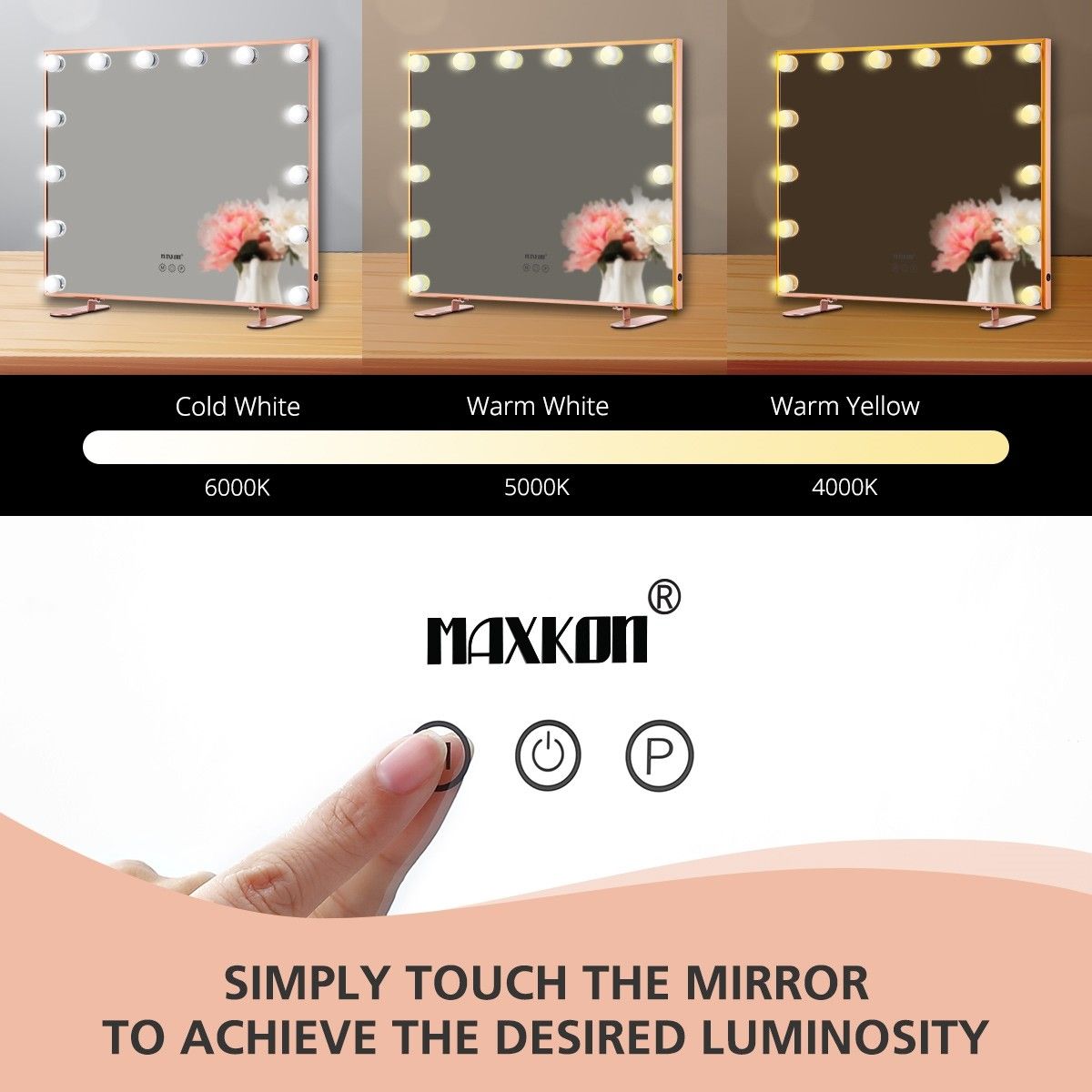 Maxkon 14 LED Lights Hollywood Style Makeup Mirror Touch Control Vanity Mirror Rose Gold Crazy