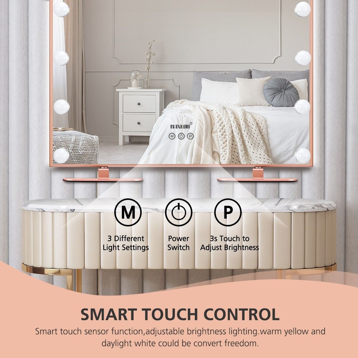 Maxkon 14 LED Lights Hollywood Style Makeup Mirror Touch Control Vanity Mirror Rose Gold Crazy