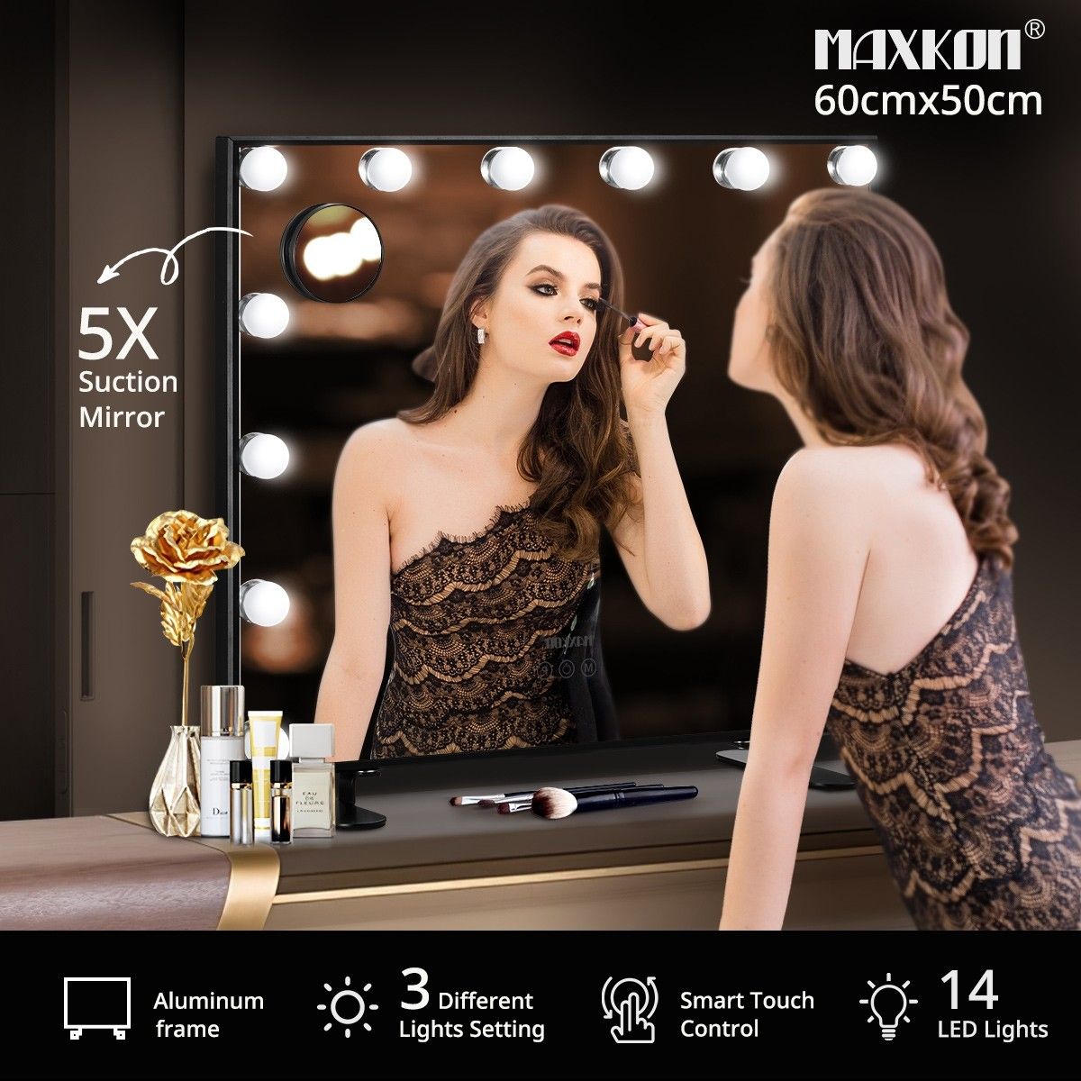 Makeup Mirror 14 LED Lights Hollywood Style Touch Control Vanity Mirror Black Maxkon