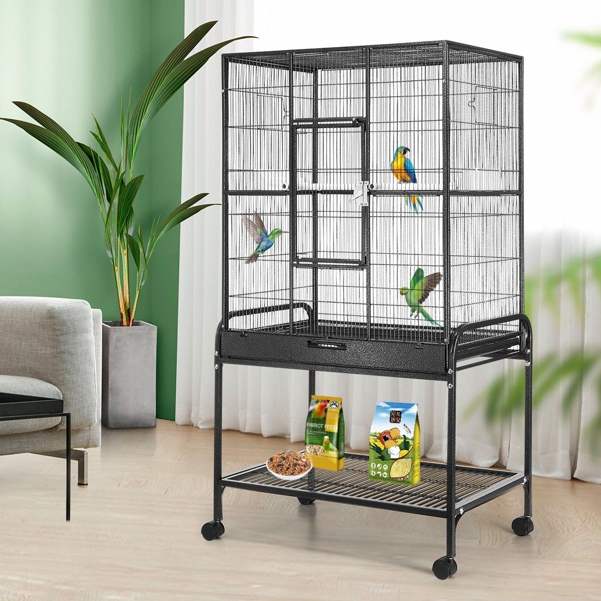 Petscene Large Metal Rolling Bird Cage with Wheels and Stand Budgie ...