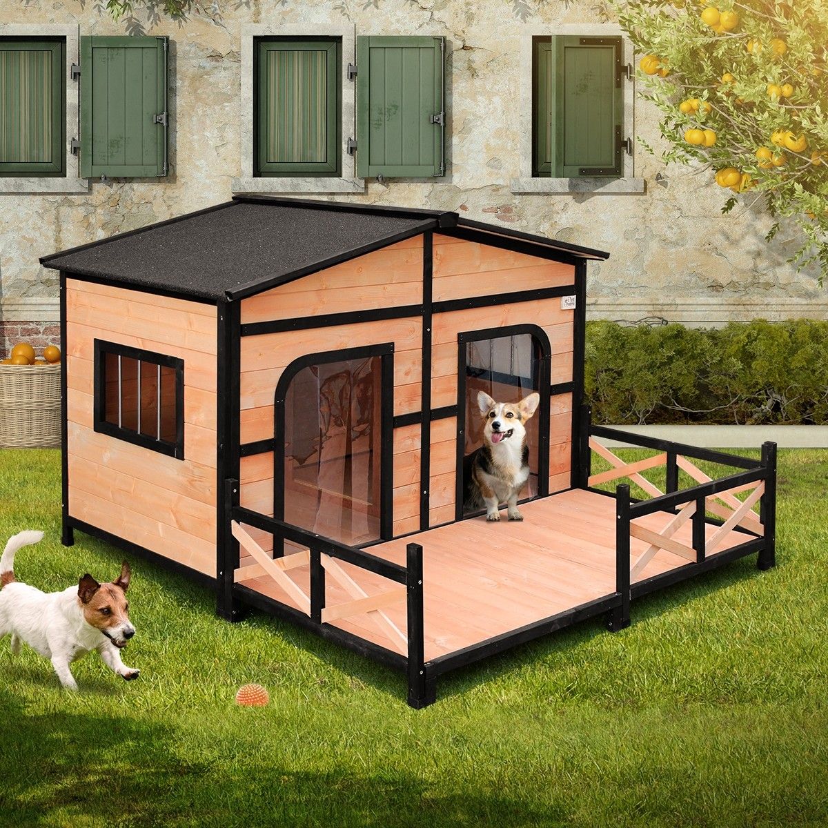 Petscene XXL Wooden Dog Kennel 2Door Timber Pet House w/ Patio