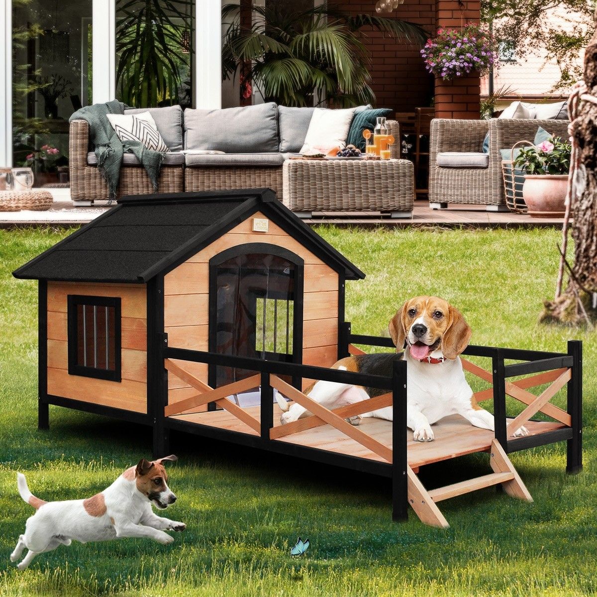 XL Size Wooden Kennel Outdoor Pet Dog House w/ Lift-up Roof Patio ...