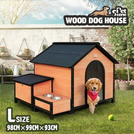 L Size Wooden Dog Kennel Timber Pet House with Storage Box Food Bowls