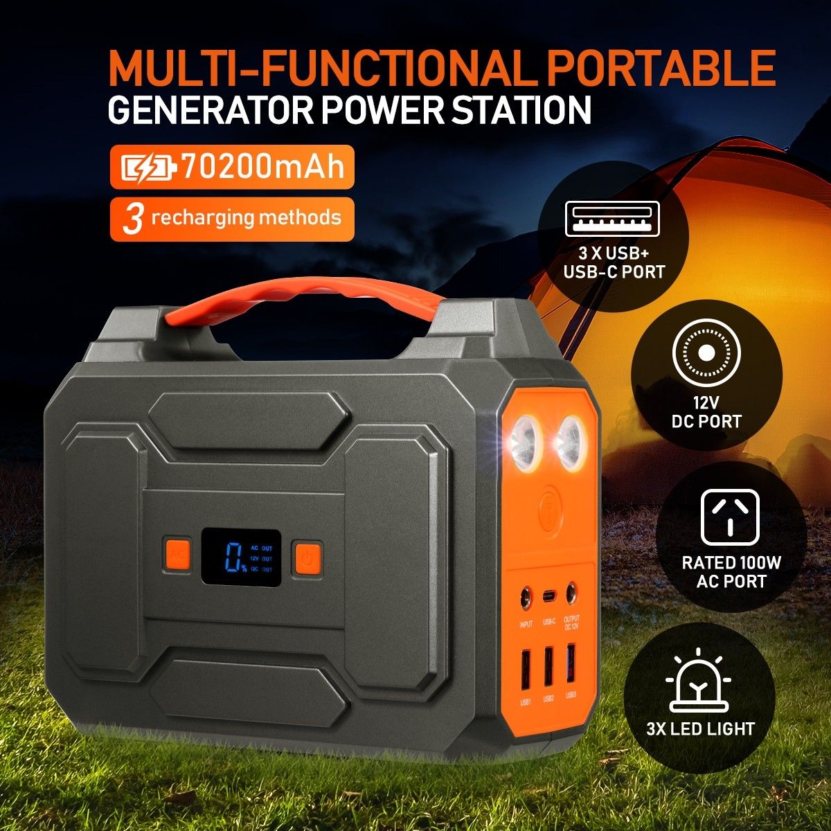 Portable 70200mAh 100W Solar Generator Power Station Battery Backup 