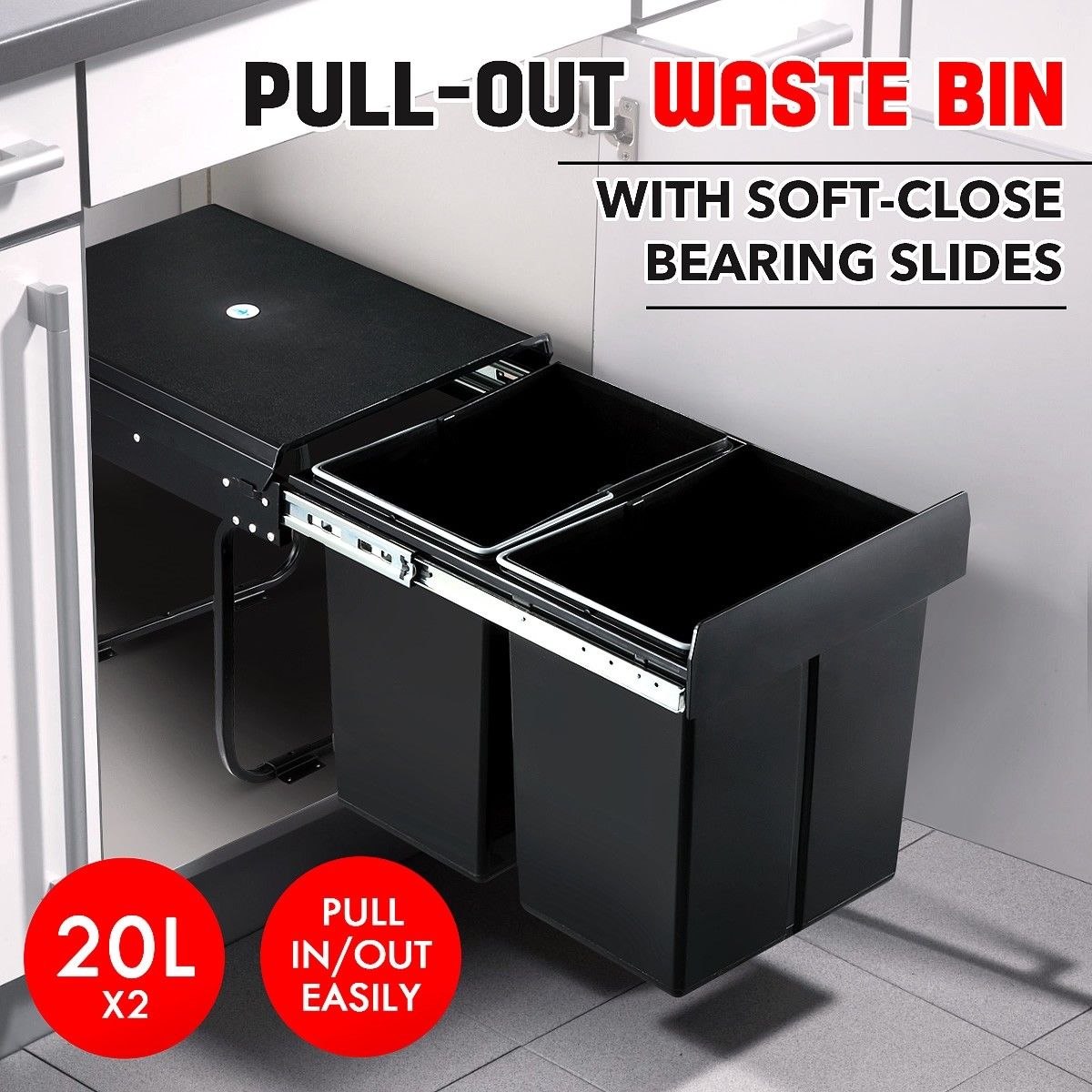 2x 20L Pull Out Trash Bin Kitchen Garbage Waste Basket Under Sink Rubbish w/ SoftClose Slides