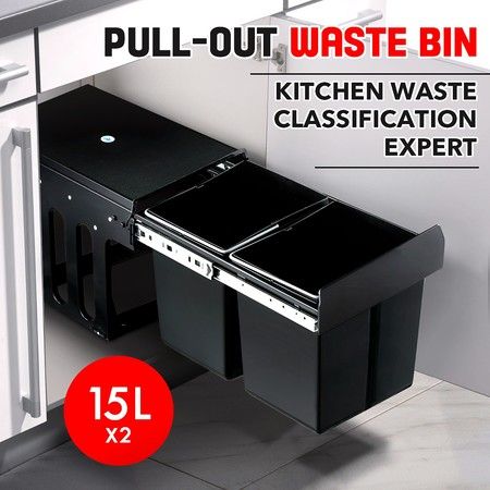 2x 15L Pull Out Trash Bin Dual Kitchen Garbage Waste Basket Cabinet Bin 