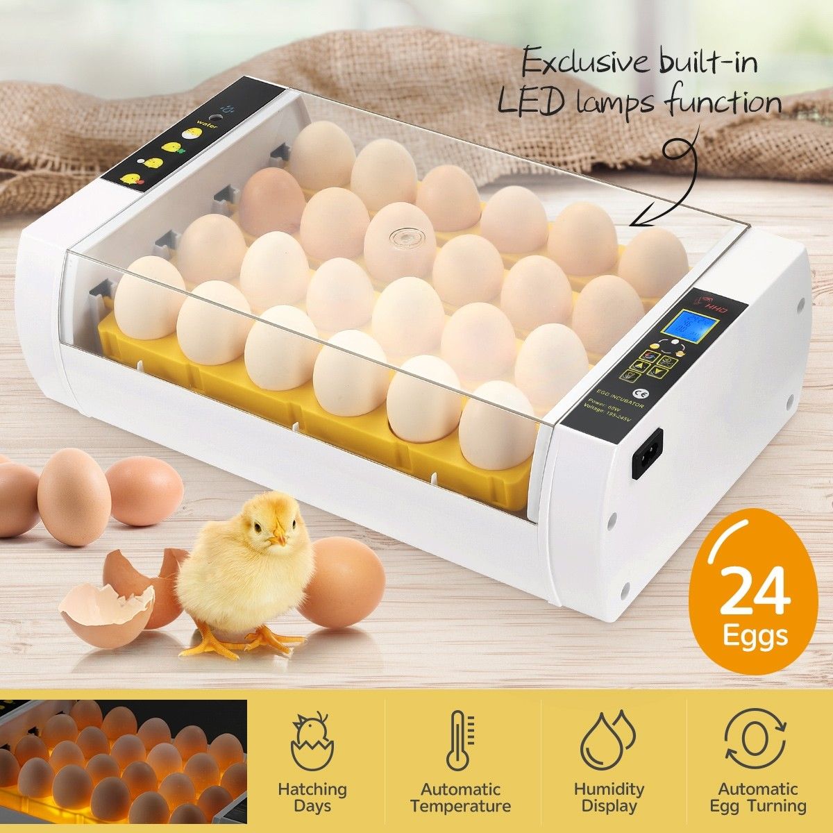 24 Egg Incubator Automatic Digital Hatching Chicken Pigeon Quail Eggs Hatcher Machine with LED Candling Lamps